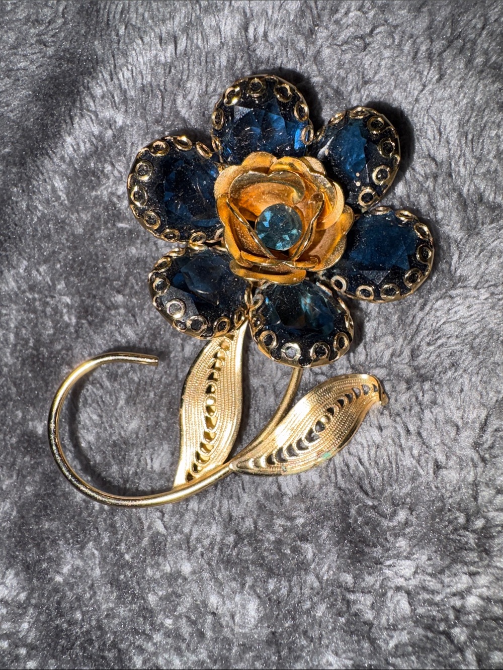 Gold Filigree ??Hobe?? Floral Brooch with Deep Blue Crystal Petals
